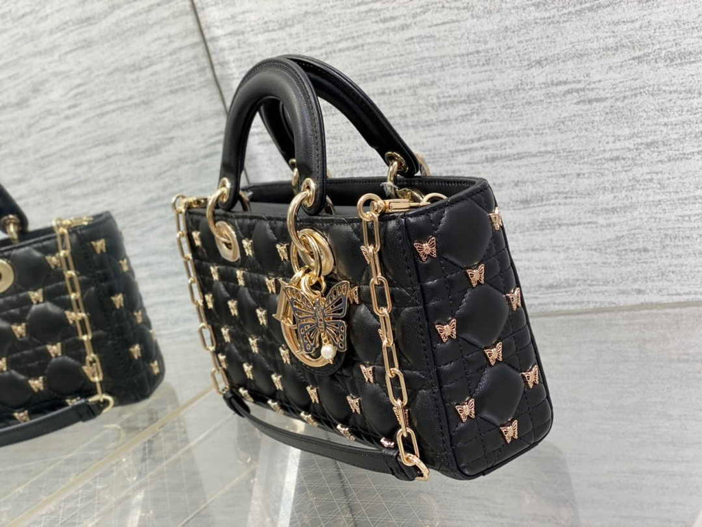 Dior Medium Lady D-Lite Bag M0565 Black Cannage Lambskin with Gold-Finish Sun Studs - Default Title - View 4