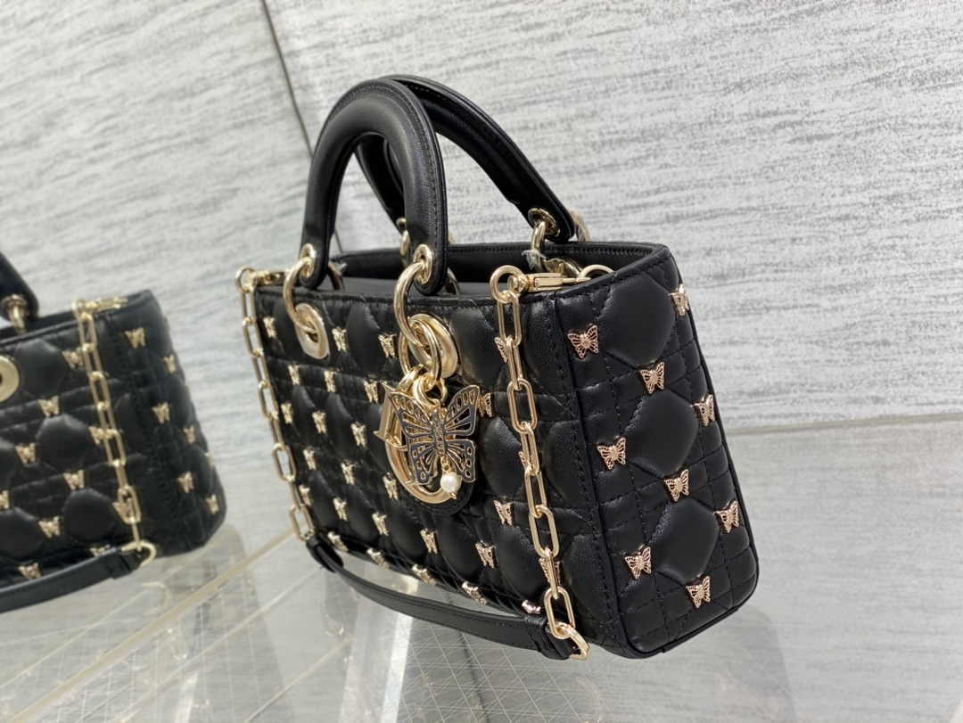 Dior Medium Lady D-Lite Bag M0565 Black Cannage Lambskin with Gold-Finish Sun Studs - Default Title - View 4