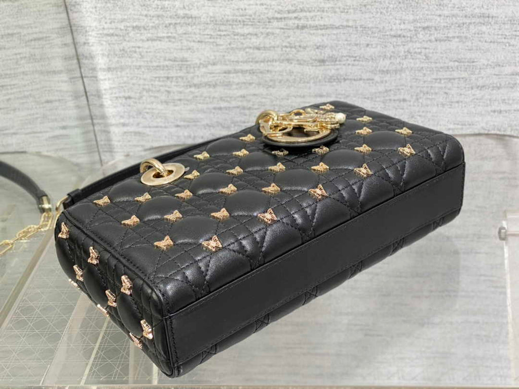 Dior Medium Lady D-Lite Bag M0565 Black Cannage Lambskin with Gold-Finish Sun Studs - Default Title - View 5