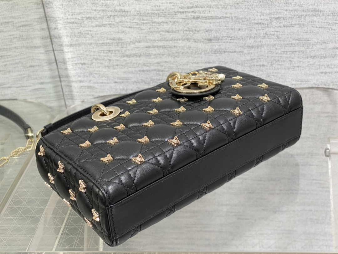 Dior Medium Lady D-Lite Bag M0565 Black Cannage Lambskin with Gold-Finish Sun Studs - Default Title - View 5