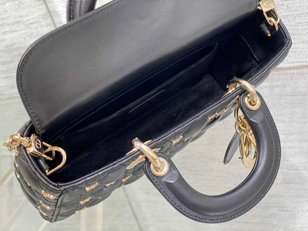 Dior Medium Lady D-Lite Bag M0565 Black Cannage Lambskin with Gold-Finish Sun Studs - Default Title - View 6