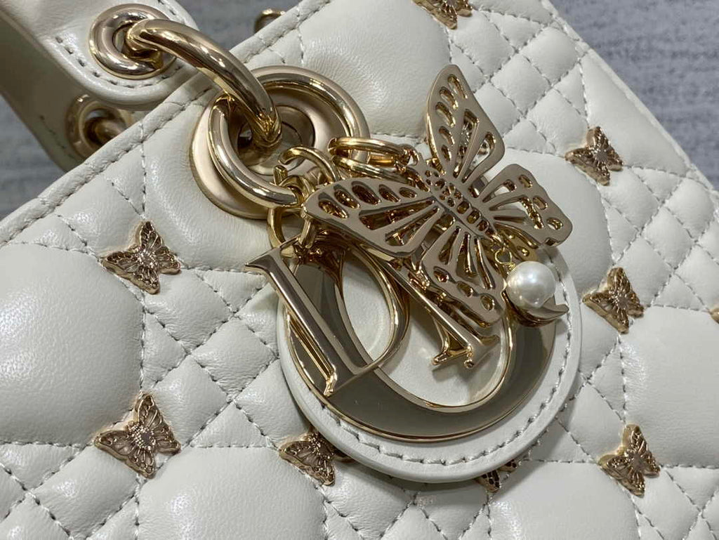 Dior Medium Lady D-Lite Bag M0565 White Cannage Lambskin with Gold-Finish Sun Studs - Default Title - View 8