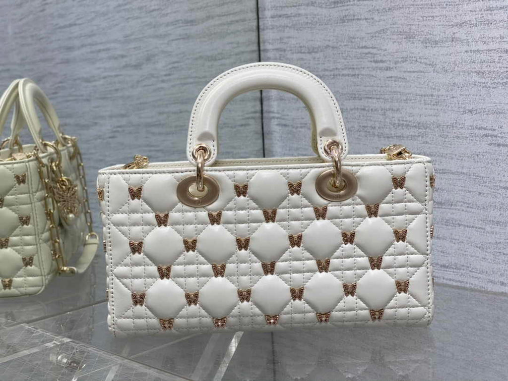 Dior Medium Lady D-Lite Bag M0565 White Cannage Lambskin with Gold-Finish Sun Studs - Default Title - View 3