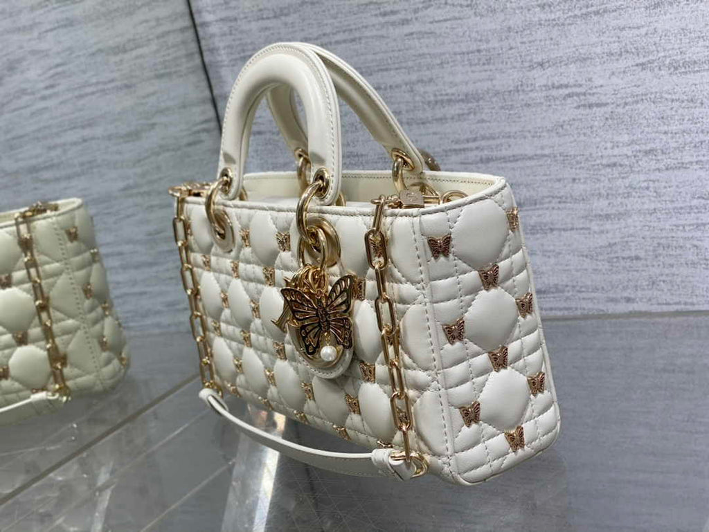Dior Medium Lady D-Lite Bag M0565 White Cannage Lambskin with Gold-Finish Sun Studs - Default Title - View 4