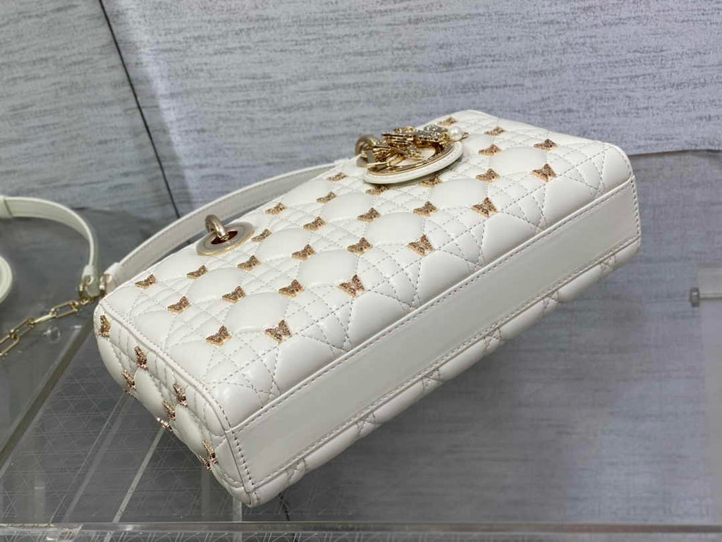 Dior Medium Lady D-Lite Bag M0565 White Cannage Lambskin with Gold-Finish Sun Studs - Default Title - View 5