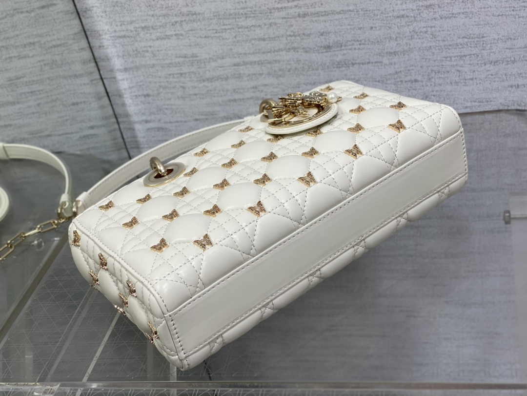 Dior Medium Lady D-Lite Bag M0565 White Cannage Lambskin with Gold-Finish Sun Studs - Default Title - View 5