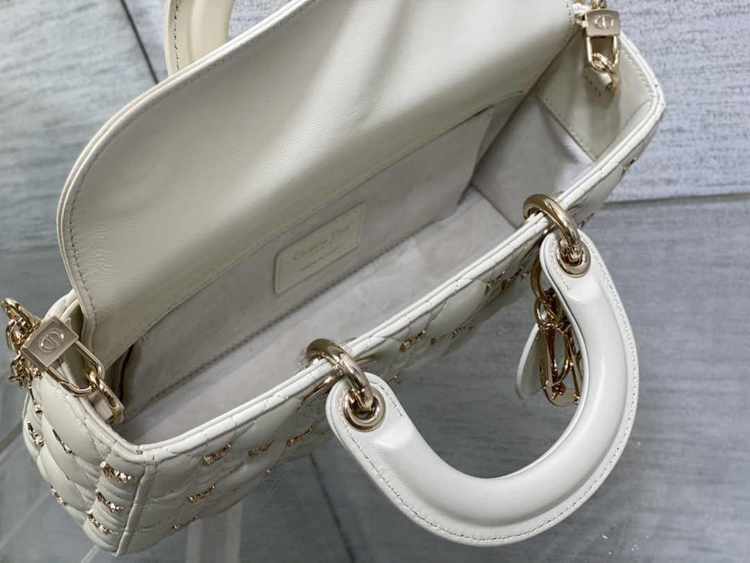 Dior Medium Lady D-Lite Bag M0565 White Cannage Lambskin with Gold-Finish Sun Studs - Default Title - View 6