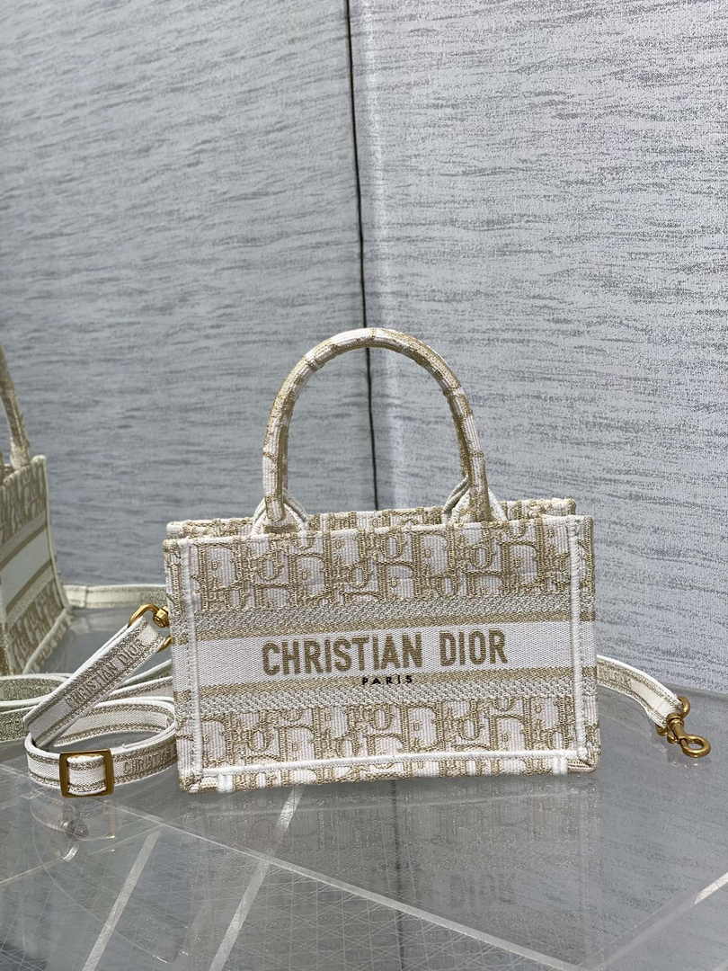 Dior Mini Book Tote with Strap S5573 Gold-Tone Dior Oblique Embroidery - Default Title - View 1