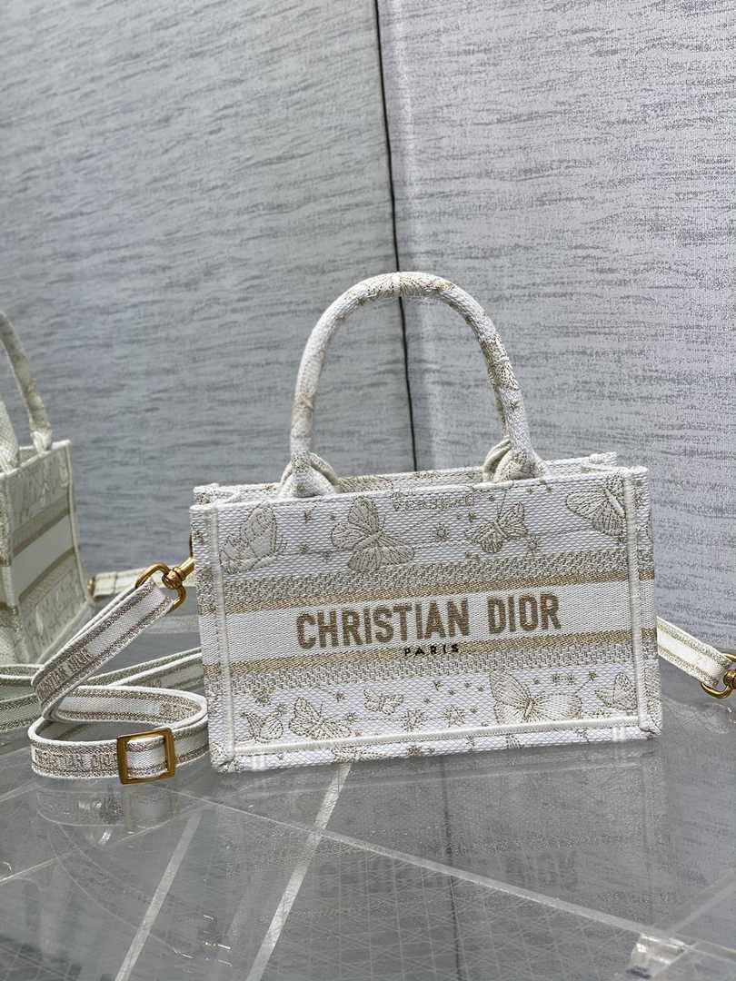 Dior Mini Book Tote with Strap S5573 Gold-Tone Butterfly Zodiac Embroidery