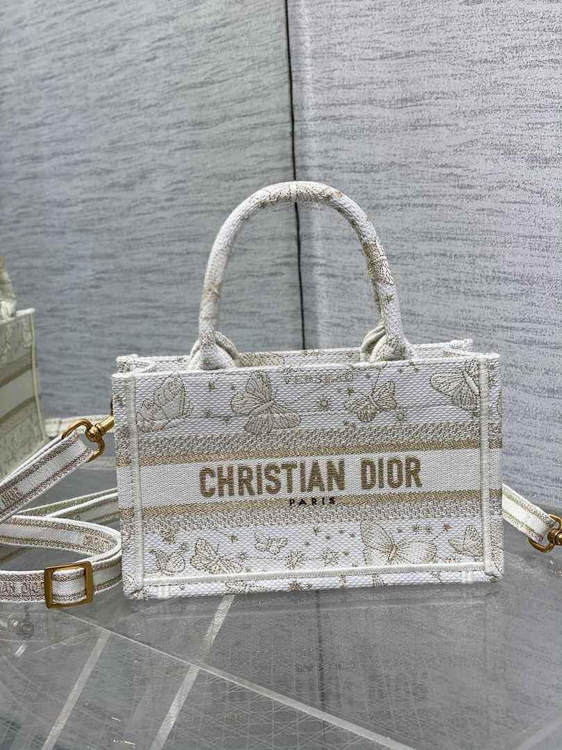 Dior Mini Book Tote with Strap S5573 Gold-Tone Butterfly Zodiac Embroidery