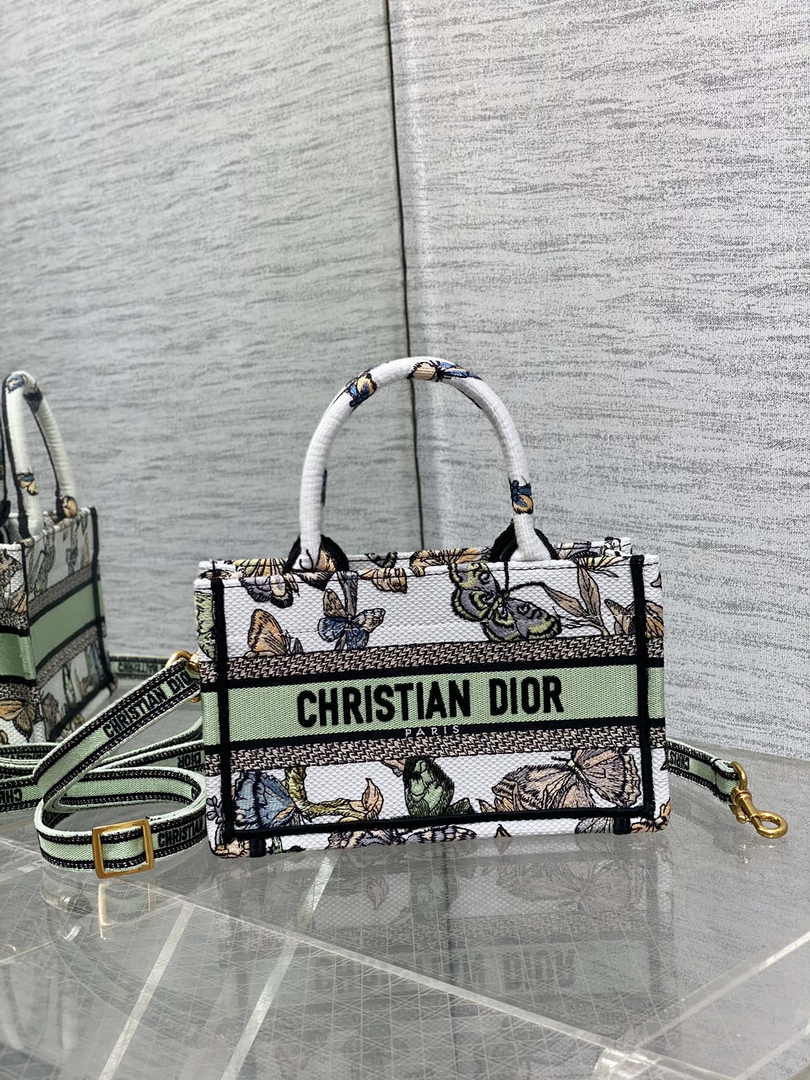 Dior Mini Book Tote with Strap S5573 Green Butterfly Zodiac Embroidery