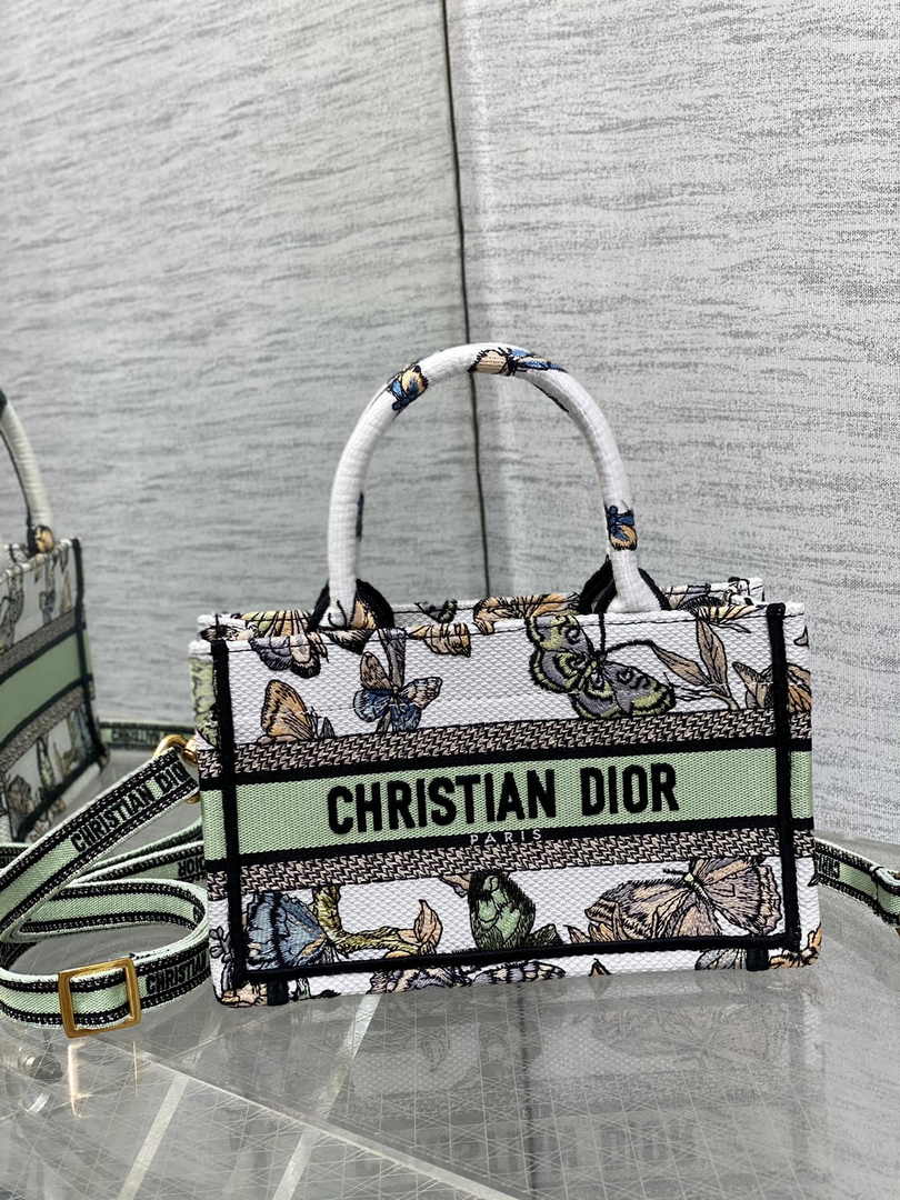 Dior Mini Book Tote with Strap S5573 Green Butterfly Zodiac Embroidery
