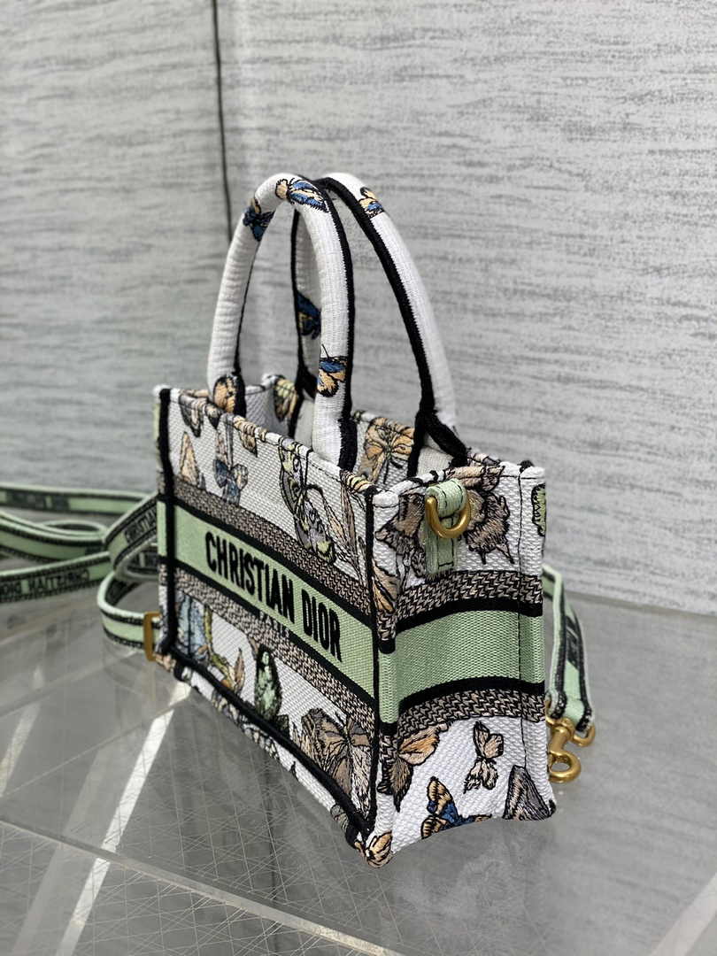 Dior Mini Book Tote with Strap S5573 Green Butterfly Zodiac Embroidery