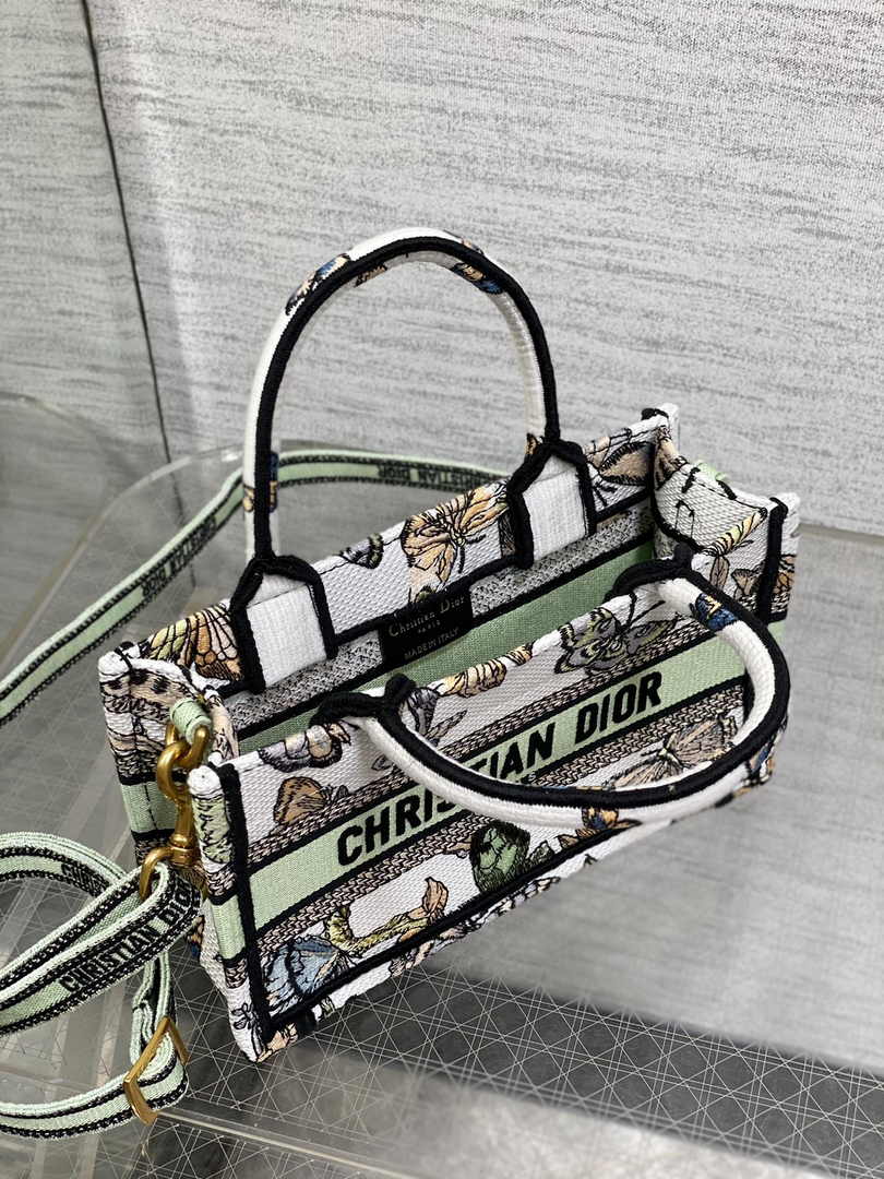 Dior Mini Book Tote with Strap S5573 Green Butterfly Zodiac Embroidery