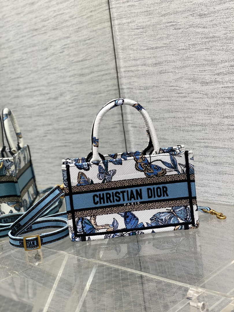 Dior Mini Book Tote with Strap S5573 Blue Butterfly Zodiac Embroidery