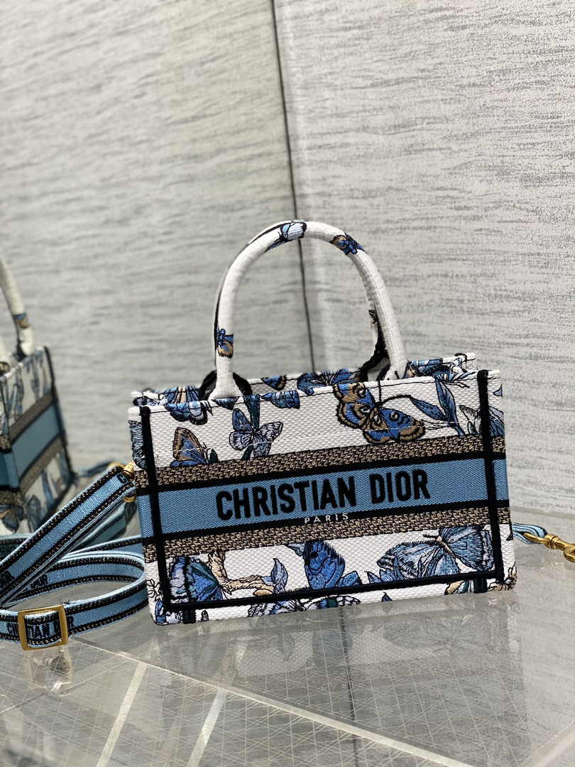 Dior Mini Book Tote with Strap S5573 Blue Butterfly Zodiac Embroidery