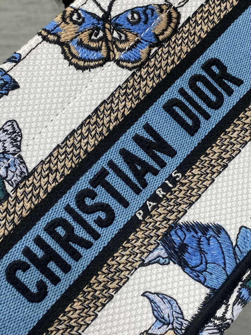 Dior Mini Book Tote with Strap S5573 Blue Butterfly Zodiac Embroidery