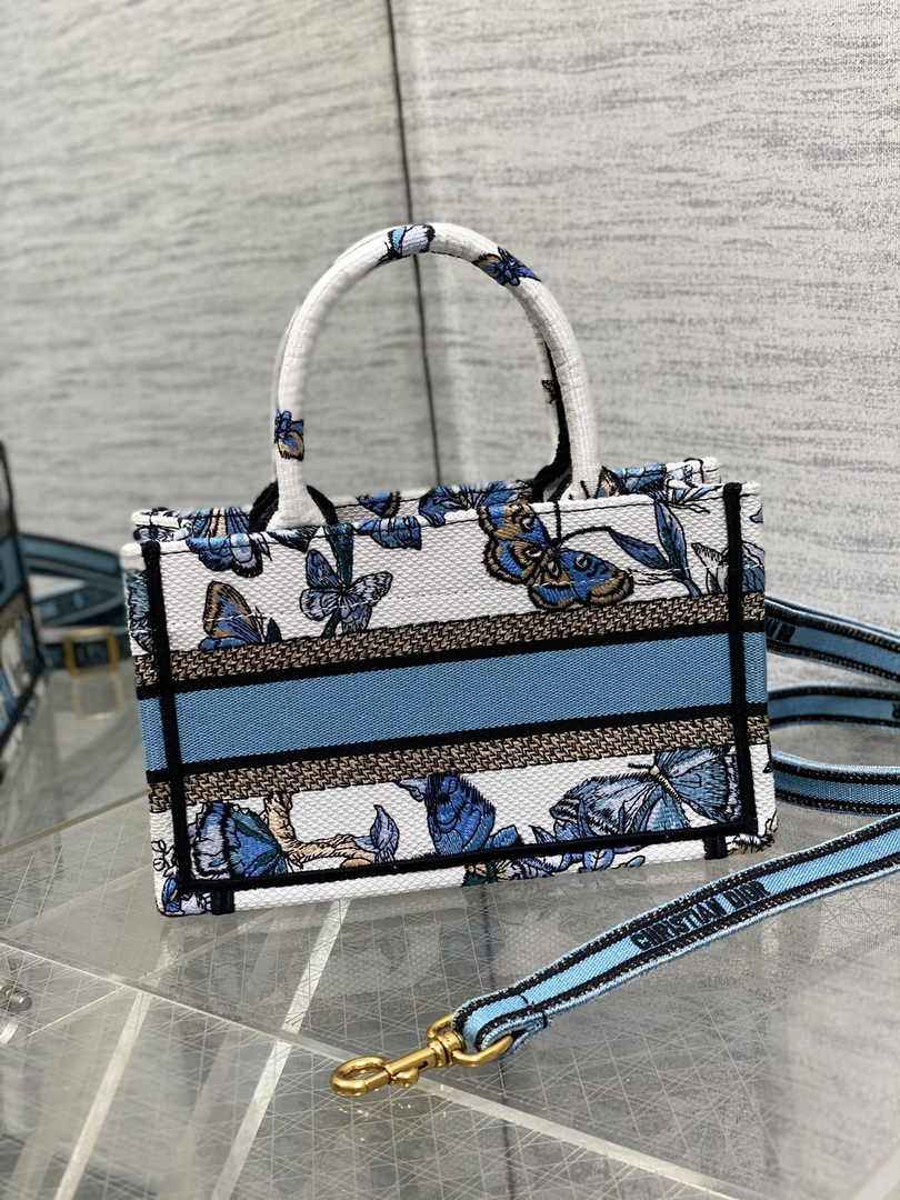 Dior Mini Book Tote with Strap S5573 Blue Butterfly Zodiac Embroidery