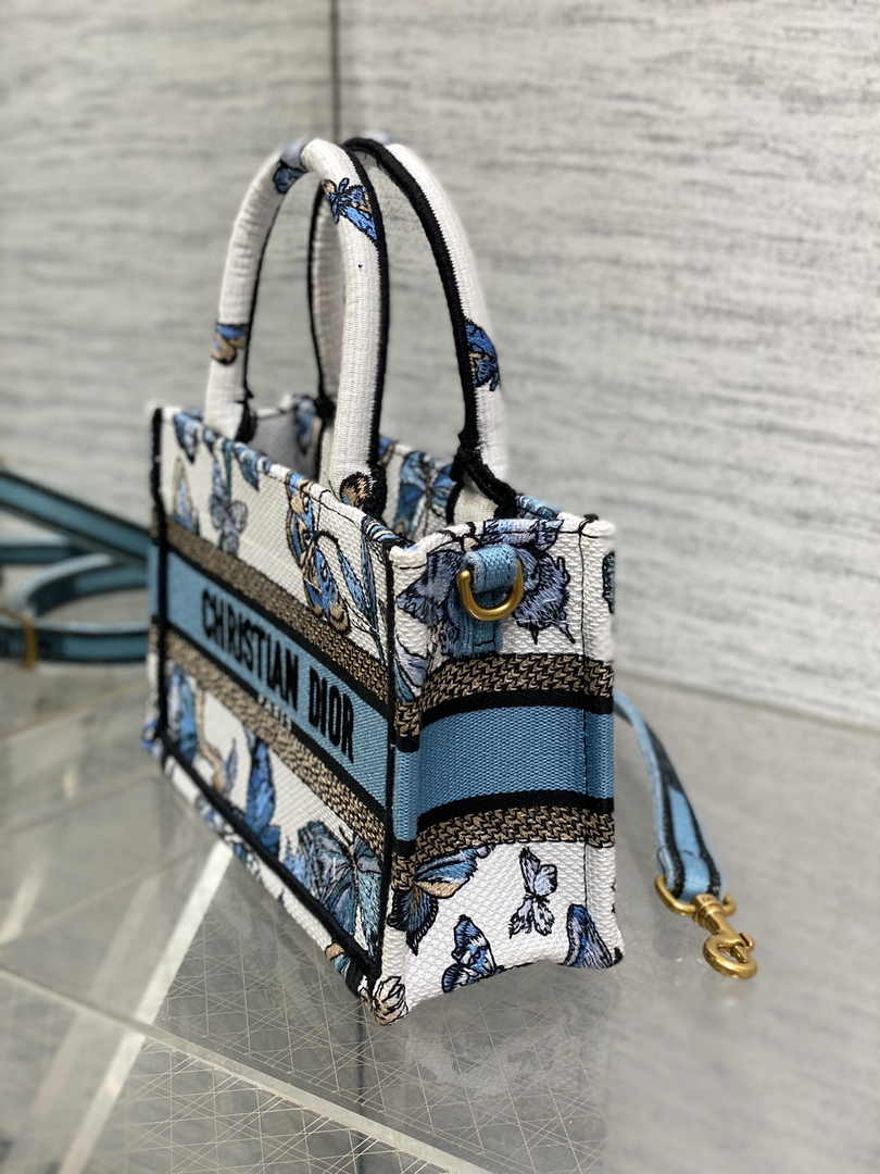 Dior Mini Book Tote with Strap S5573 Blue Butterfly Zodiac Embroidery