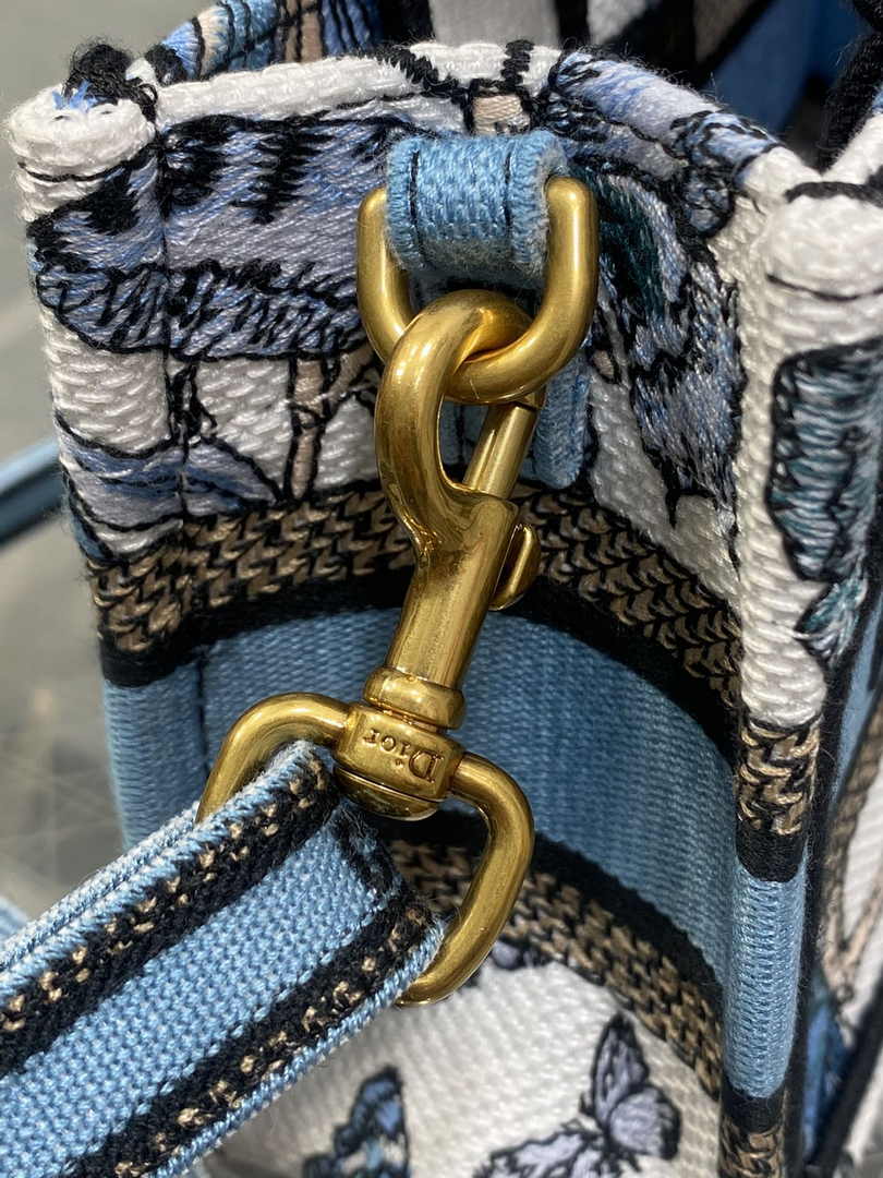 Dior Mini Book Tote with Strap S5573 Blue Butterfly Zodiac Embroidery