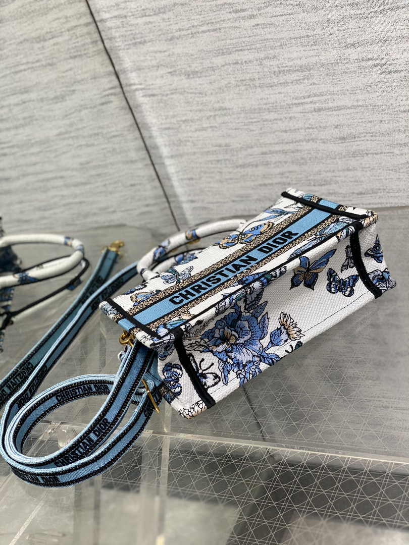 Dior Mini Book Tote with Strap S5573 Blue Butterfly Zodiac Embroidery