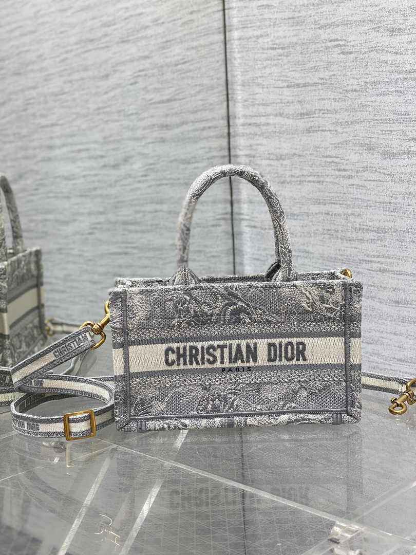 Dior Mini Book Tote with Strap S5573 Gray Toile de Jouy Reverse Embroidery