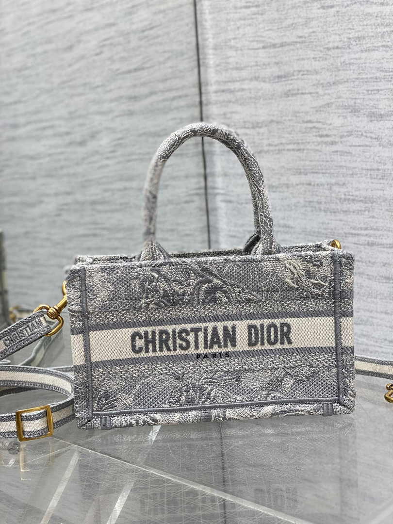 Dior Mini Book Tote with Strap S5573 Gray Toile de Jouy Reverse Embroidery