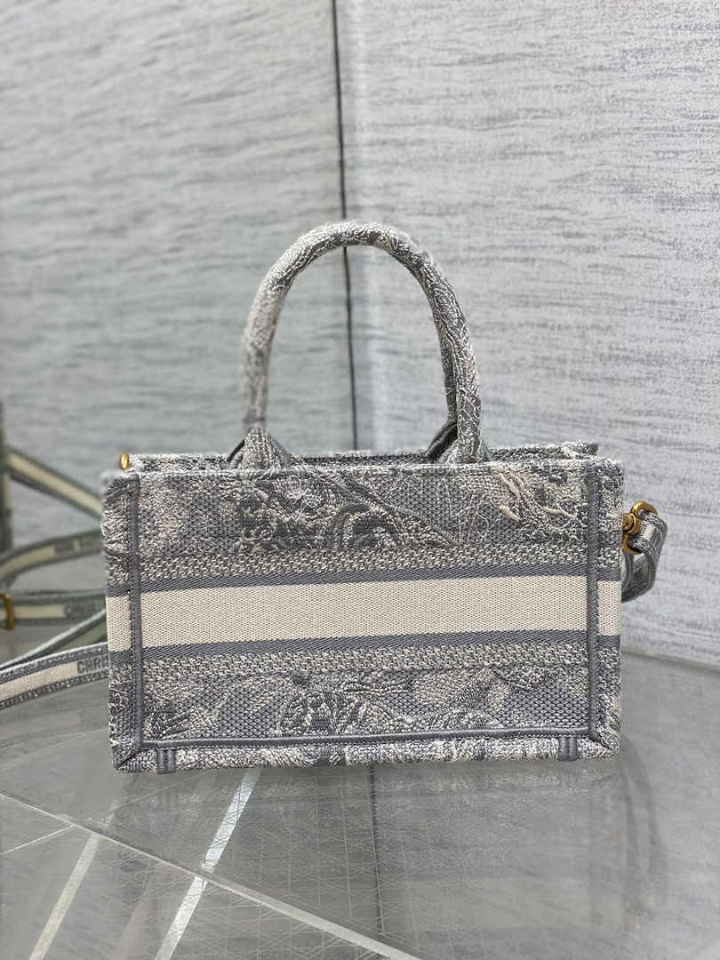 Dior Mini Book Tote with Strap S5573 Gray Toile de Jouy Reverse Embroidery