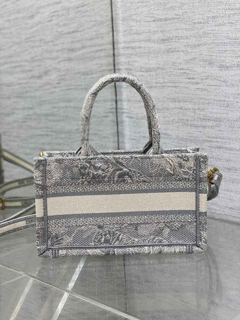 Dior Mini Book Tote with Strap S5573 Gray Toile de Jouy Reverse Embroidery
