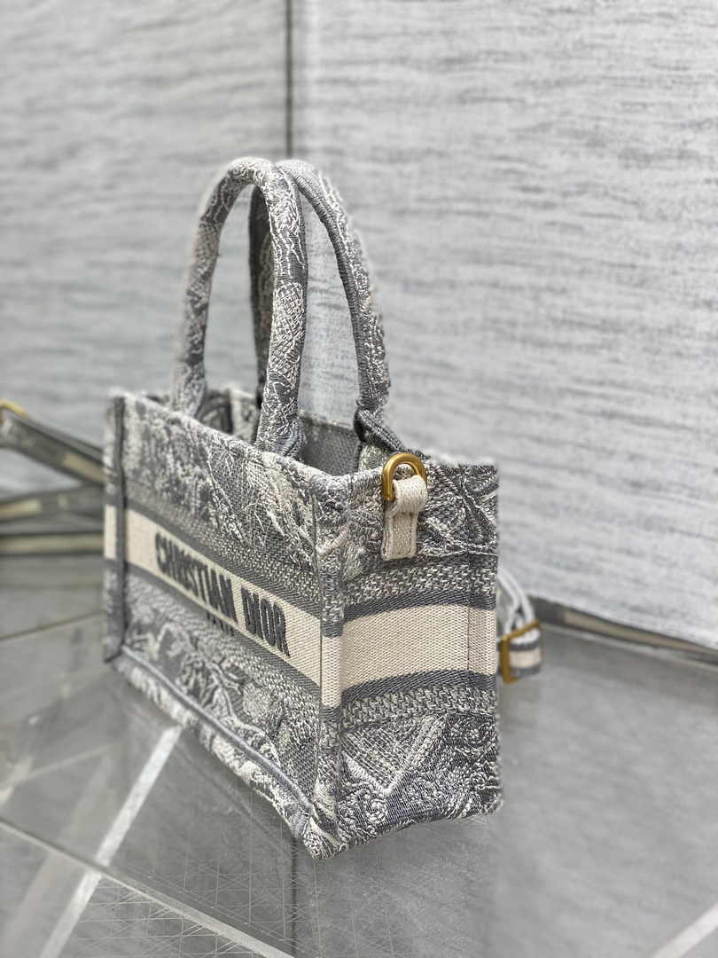 Dior Mini Book Tote with Strap S5573 Gray Toile de Jouy Reverse Embroidery