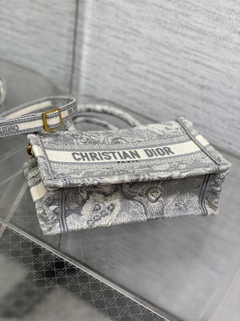 Dior Mini Book Tote with Strap S5573 Gray Toile de Jouy Reverse Embroidery