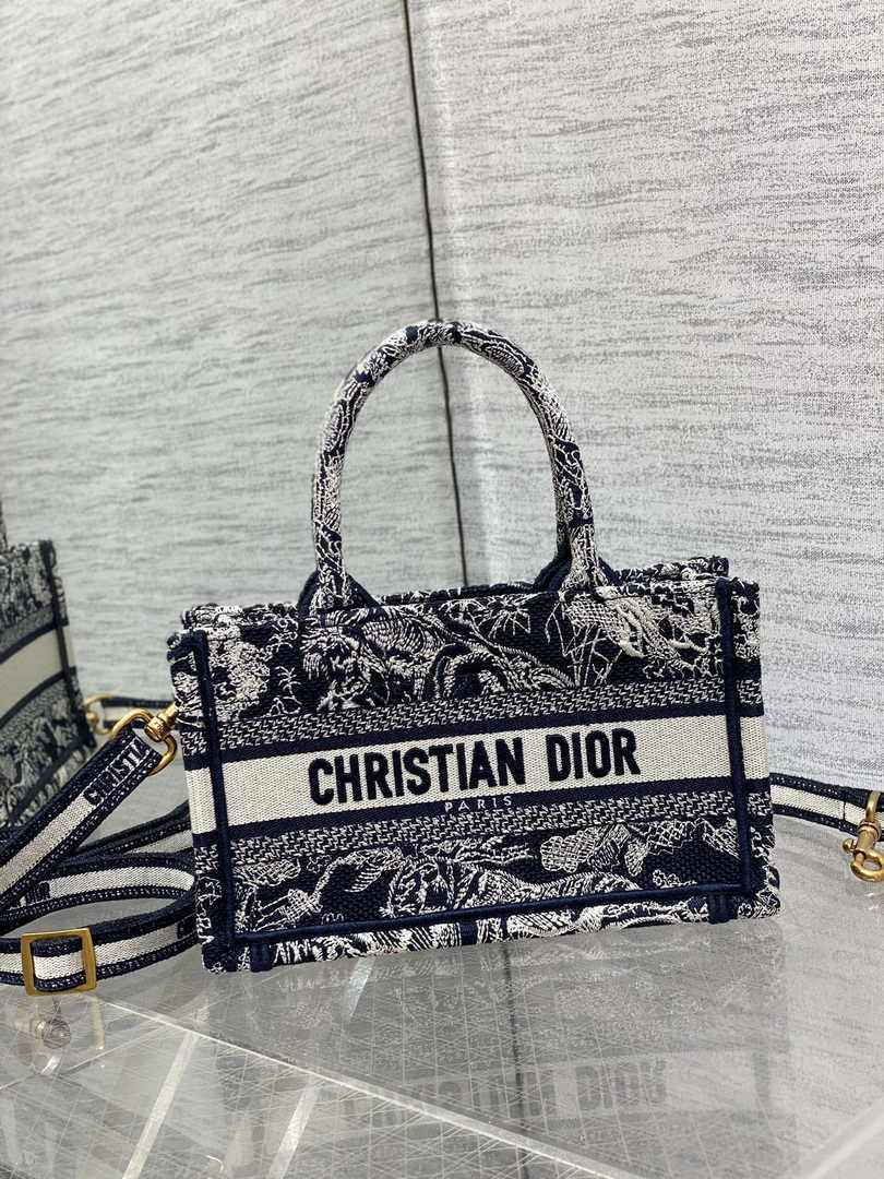 Dior Mini Book Tote with Strap S5573 Blue Toile de Jouy Reverse Embroidery