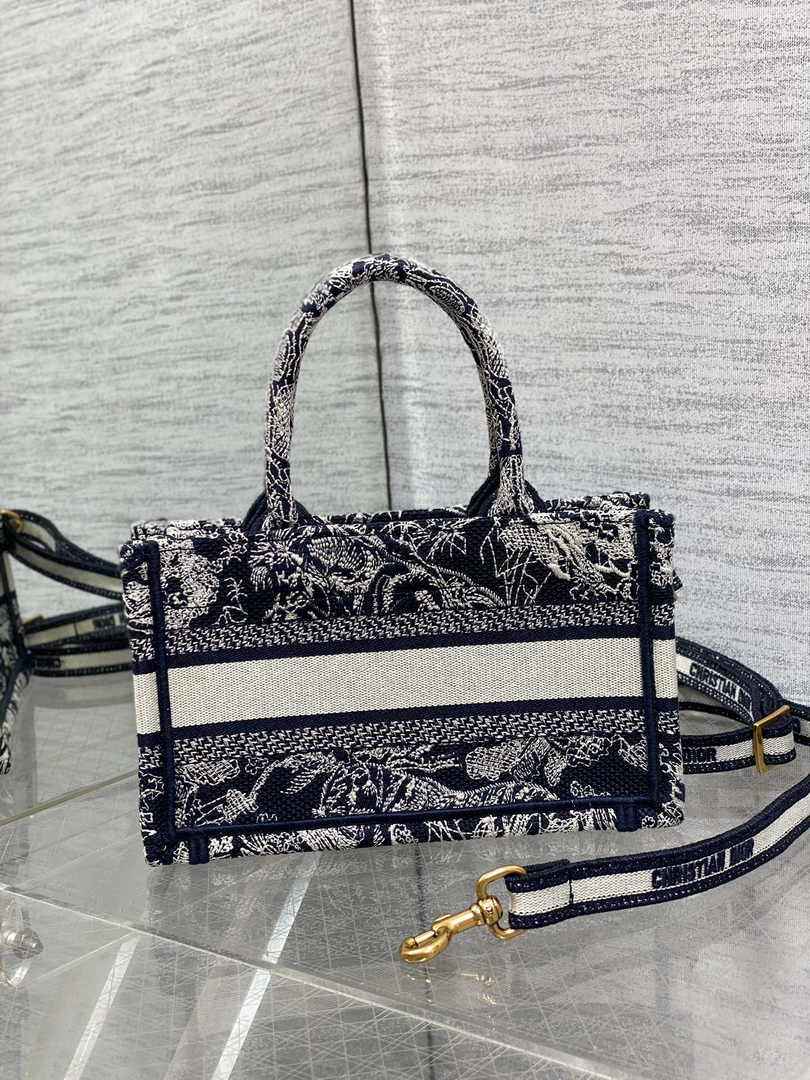Dior Mini Book Tote with Strap S5573 Blue Toile de Jouy Reverse Embroidery