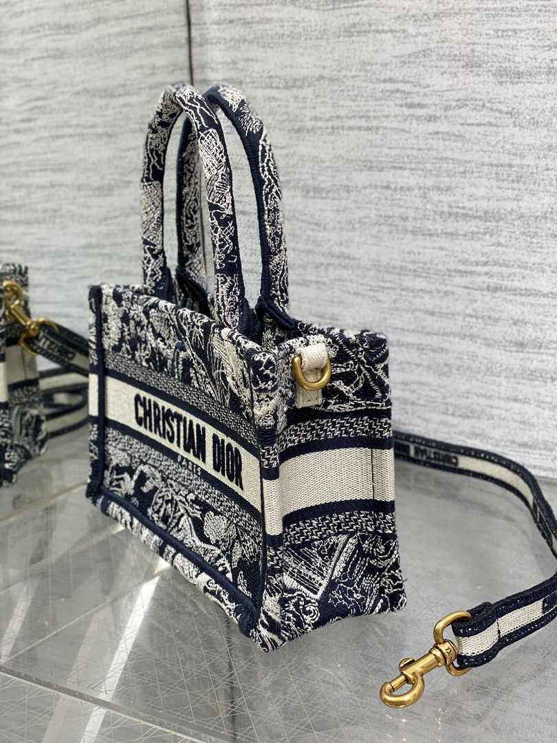 Dior Mini Book Tote with Strap S5573 Blue Toile de Jouy Reverse Embroidery