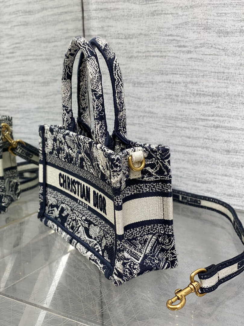 Dior Mini Book Tote with Strap S5573 Blue Toile de Jouy Reverse Embroidery - Default Title - View 4