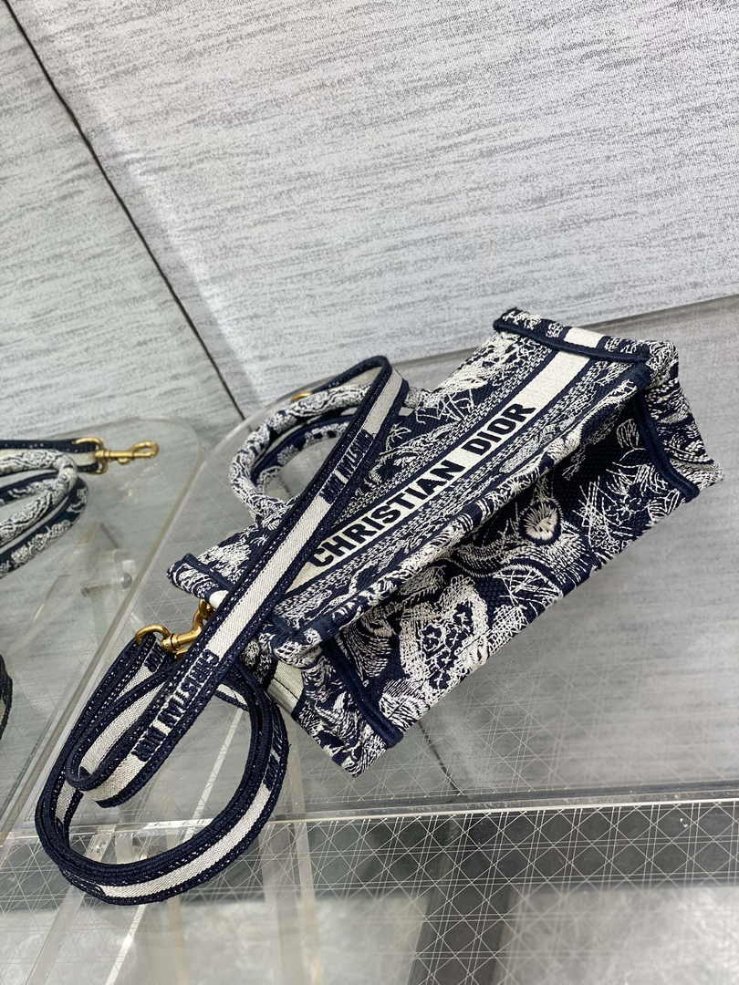 Dior Mini Book Tote with Strap S5573 Blue Toile de Jouy Reverse Embroidery
