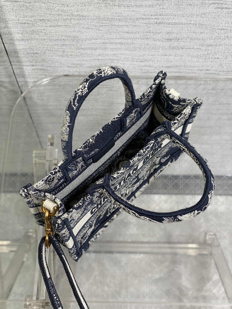 Dior Mini Book Tote with Strap S5573 Blue Toile de Jouy Reverse Embroidery
