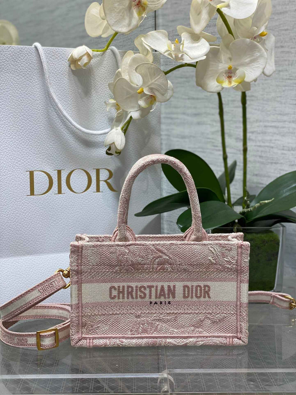 Dior Mini Book Tote with Strap S5573 Pink Toile de Jouy Reverse Embroidery