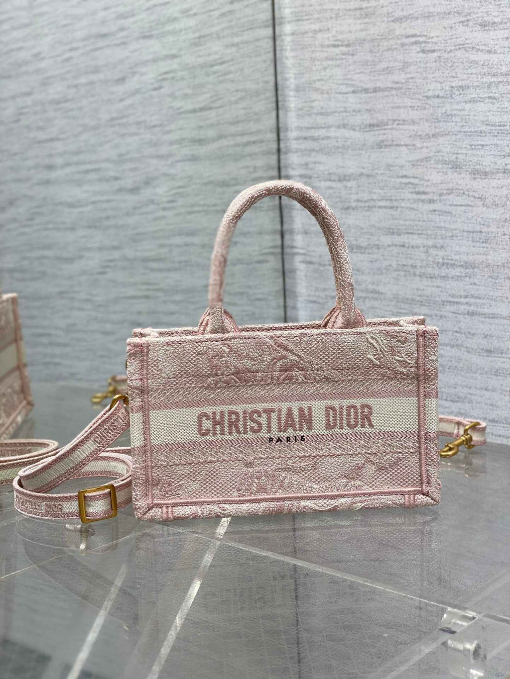 Dior Mini Book Tote with Strap S5573 Pink Toile de Jouy Reverse Embroidery