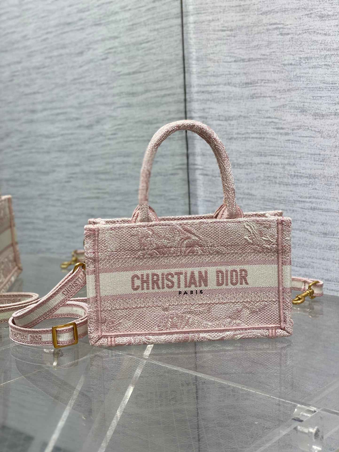Dior Mini Book Tote with Strap S5573 Pink Toile de Jouy Reverse Embroidery