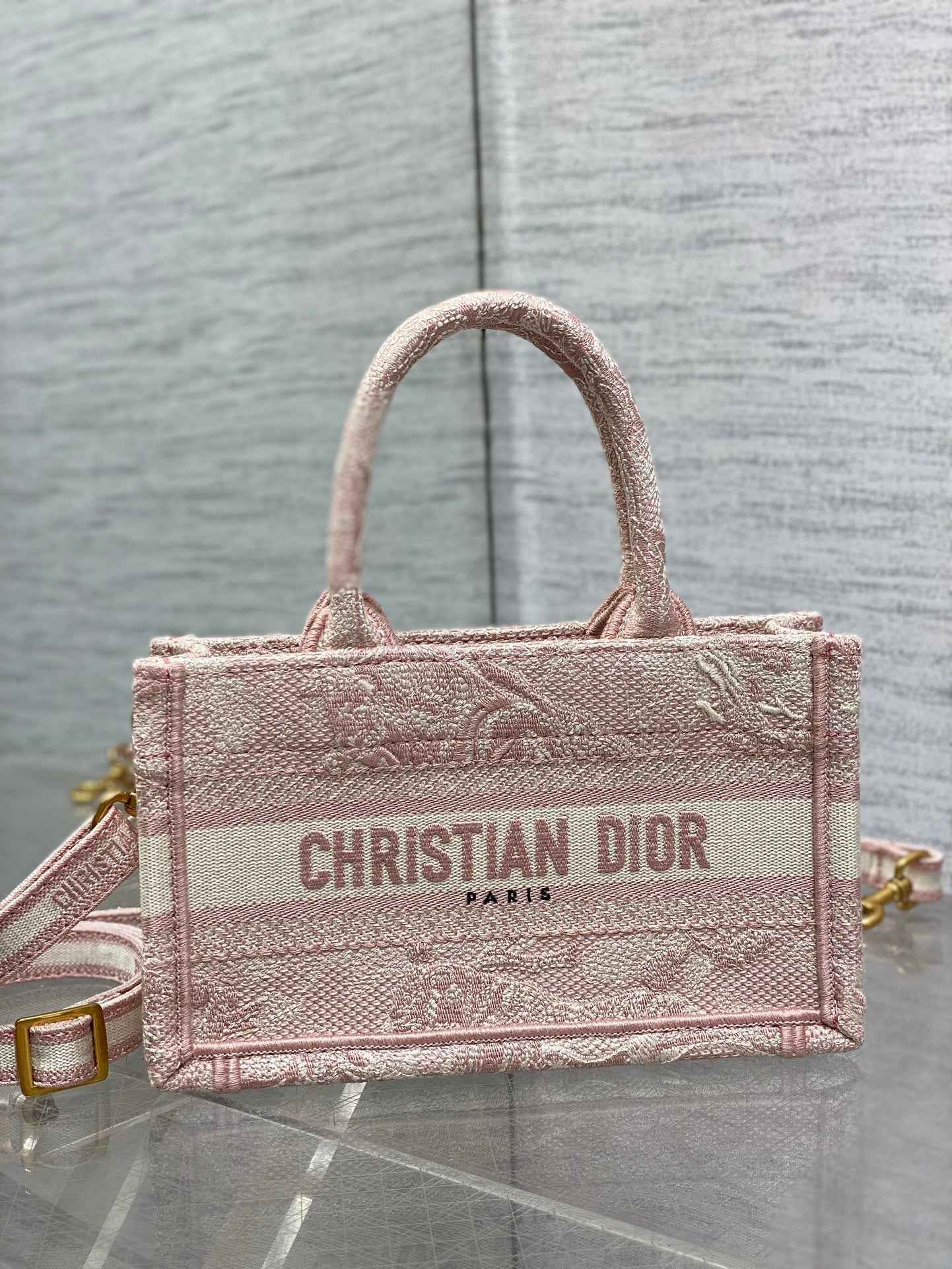 Dior Mini Book Tote with Strap S5573 Pink Toile de Jouy Reverse Embroidery