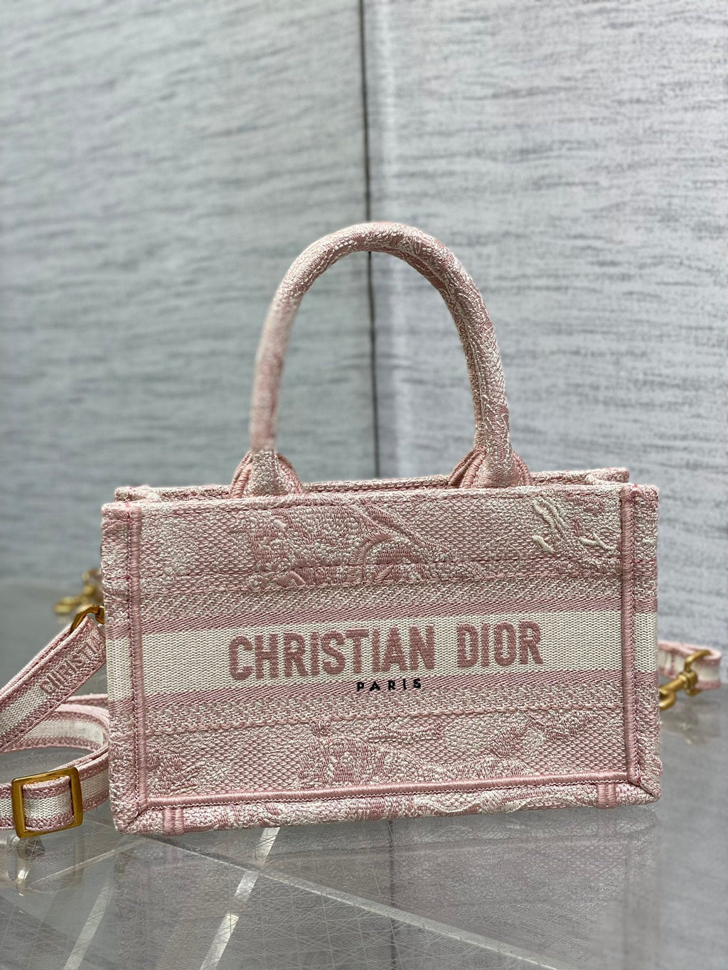 Dior Mini Book Tote with Strap S5573 Pink Toile de Jouy Reverse Embroidery - Default Title - View 3