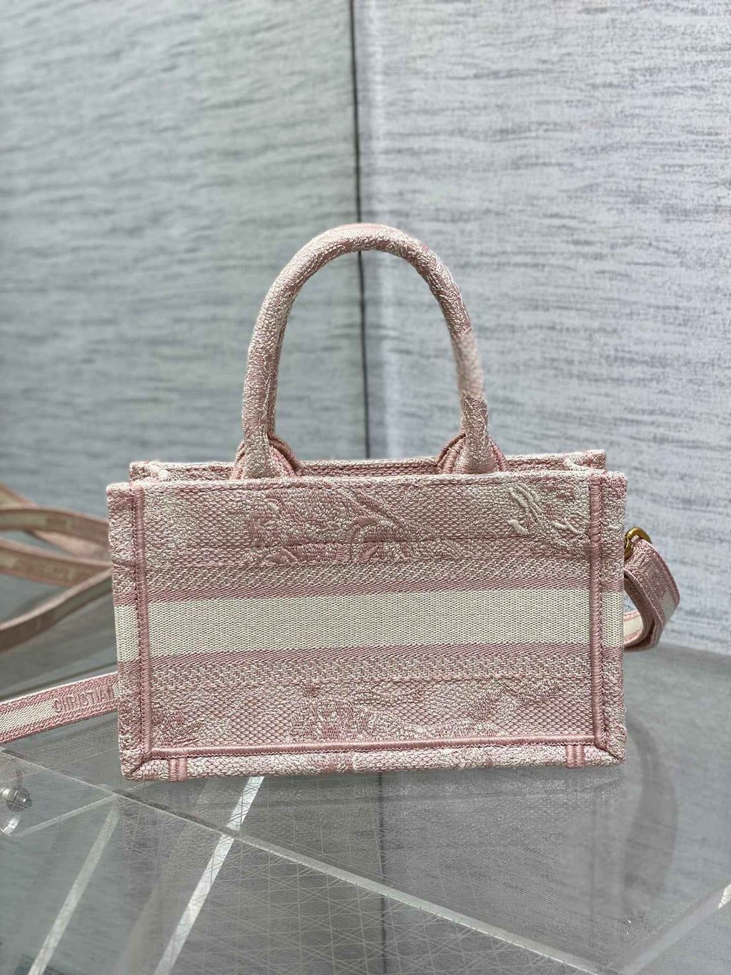 Dior Mini Book Tote with Strap S5573 Pink Toile de Jouy Reverse Embroidery