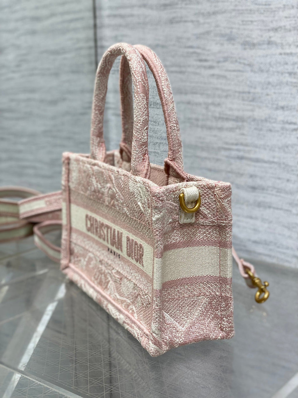 Dior Mini Book Tote with Strap S5573 Pink Toile de Jouy Reverse Embroidery