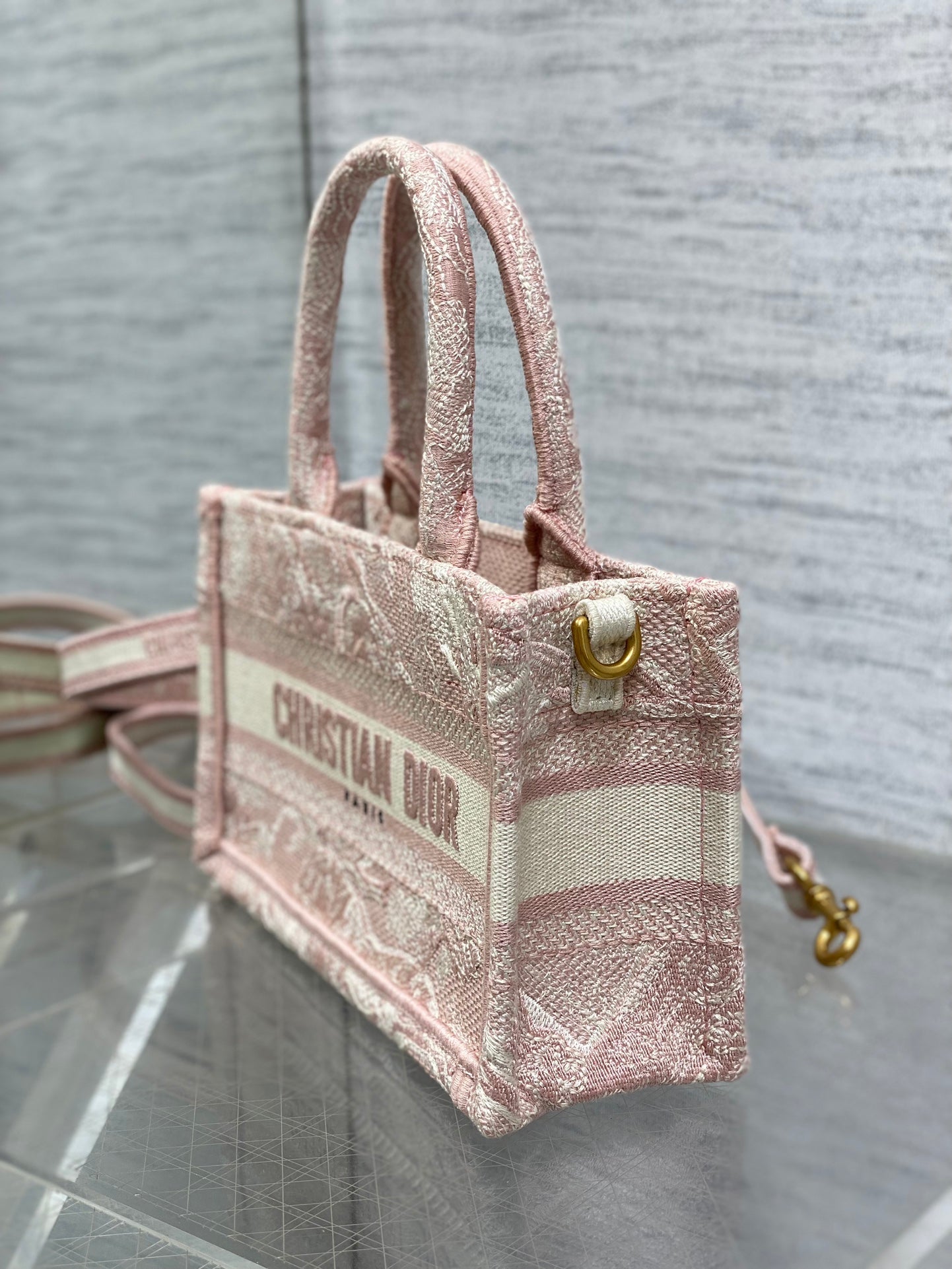 Dior Mini Book Tote with Strap S5573 Pink Toile de Jouy Reverse Embroidery