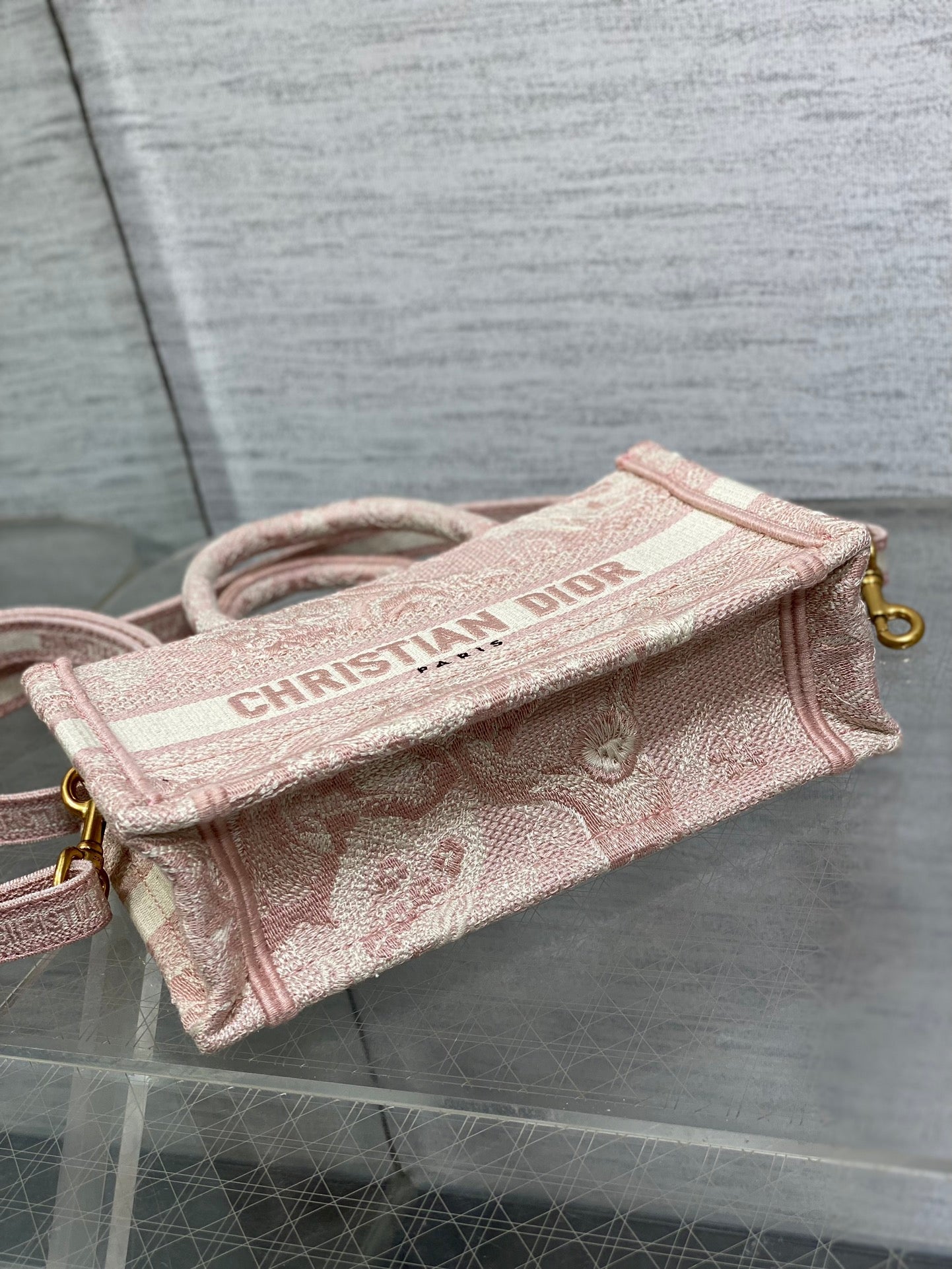 Dior Mini Book Tote with Strap S5573 Pink Toile de Jouy Reverse Embroidery