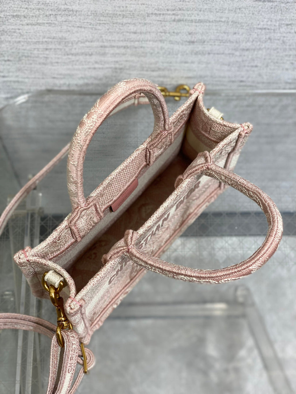 Dior Mini Book Tote with Strap S5573 Pink Toile de Jouy Reverse Embroidery