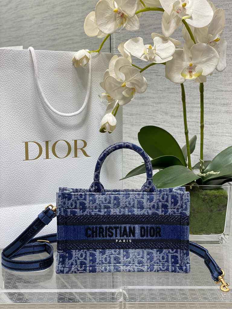 Dior Mini Book Tote with Strap S5573 Blue Denim Dior Oblique Jacquard
