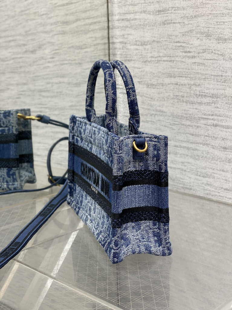 Dior Mini Book Tote with Strap S5573 Blue Denim Dior Oblique Jacquard - Default Title - View 4