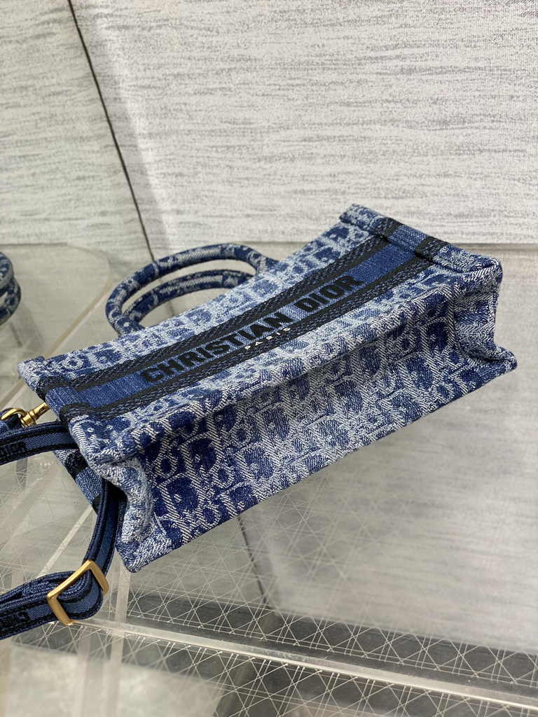 Dior Mini Book Tote with Strap S5573 Blue Denim Dior Oblique Jacquard